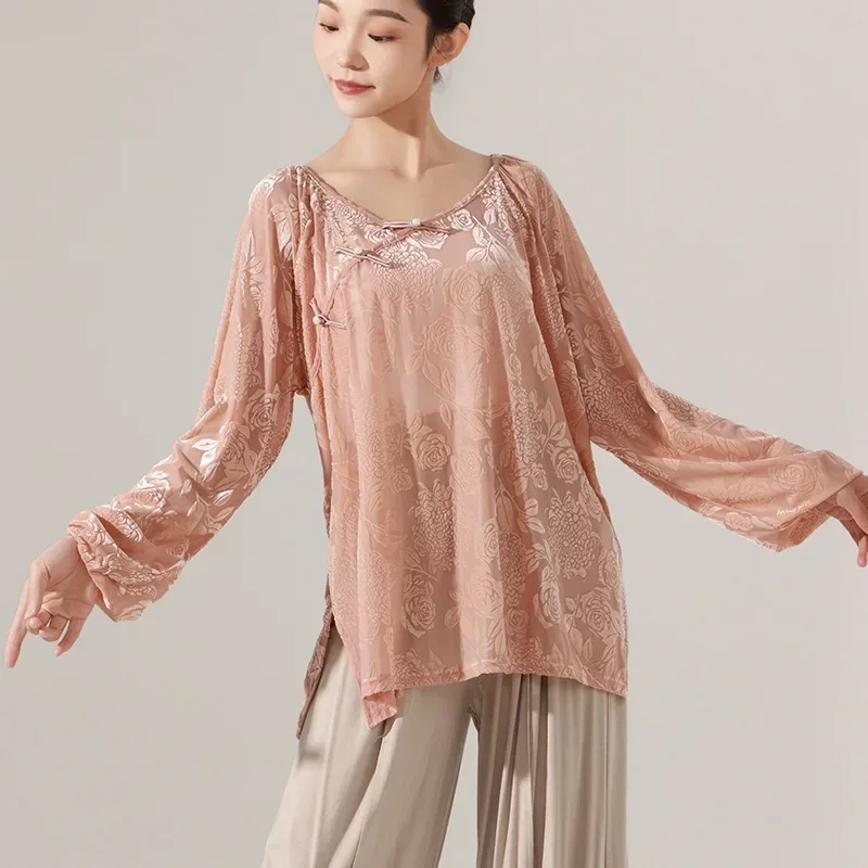 

Одежда для современных танцев, женская классическая свободная танцевальная рубашка для взрослых, элегантная сетчатая верхняя одежда с длинными рукавами и пряжкой с принтом