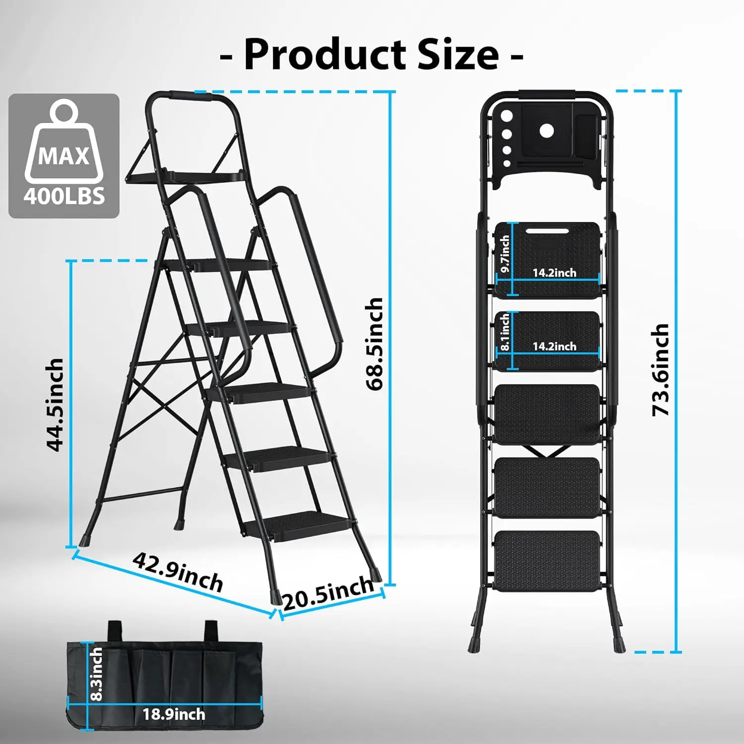 5-Step Ladder, Folding Step Stool with Tool Platform, Tool Bag, and Handrails, Wide Anti-Slip Pedals, Sturdy Steel Ladder with a