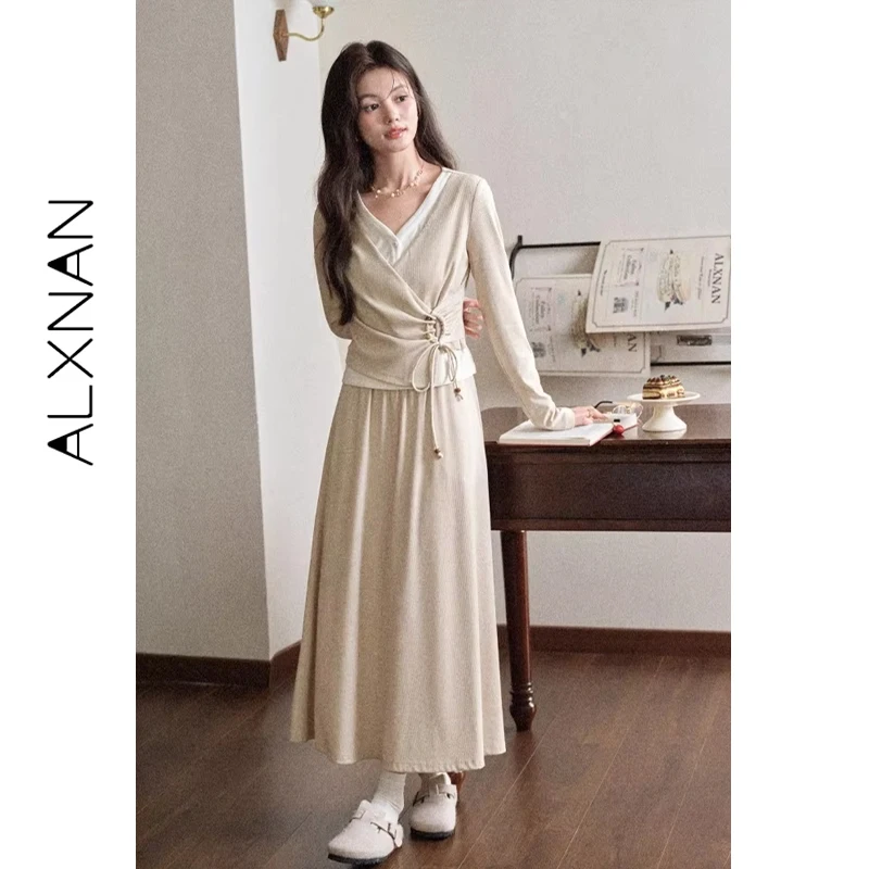 ALXNAN حجم كبير تنورة دقيق الشوفان عادية طويلة مرونة الخصر ألف خط التنانير 2025 الخريف أنيقة فضفاضة تناسب مكتب سيدة الملابس D12729