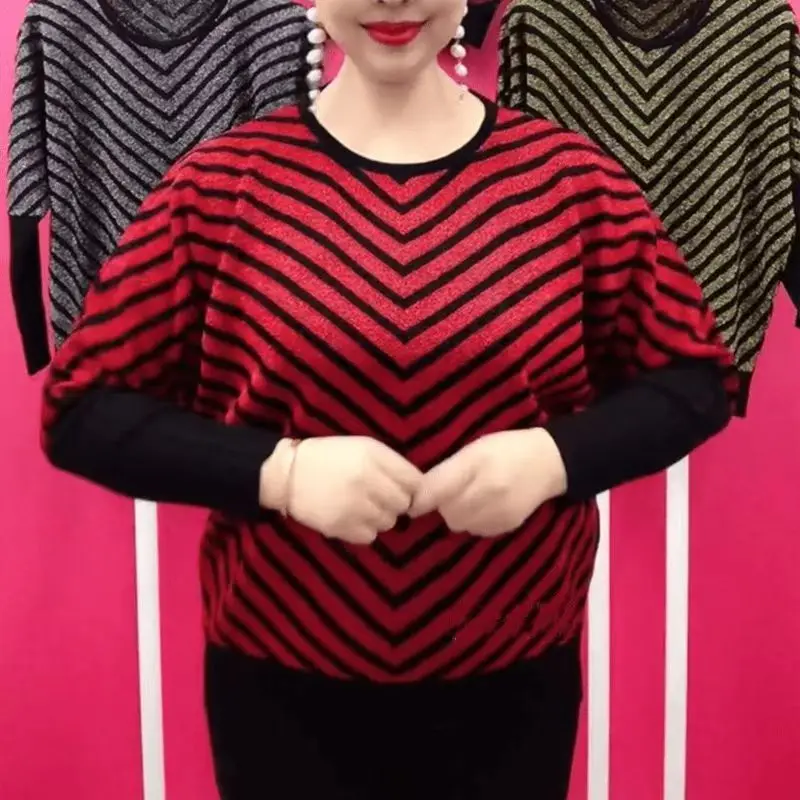 Spring Autumn Women Sweaters Pullovers O-Neck Striped Bright Silk Fashion Casual Loose Long Sleeve Bottoming Shirt Knitted Tops