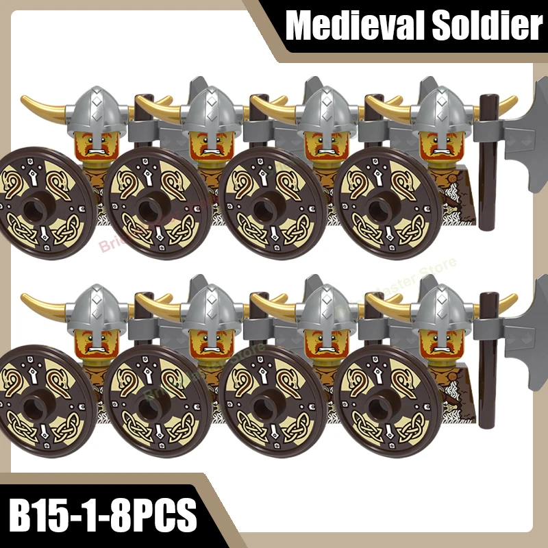 Mittelalterliche Militär-Wikinger-Krieger-Soldaten-Figuren Bausteine Burg Armee Rauber Infanterie Schild Axt Schwert Helm Ziegel Spielzeug