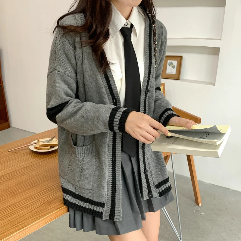 

Knit Cardigan for Women Long Sleeve Button-up with Contrast Trim Sweater Jacket Varsity High School Teen-girl Preppy Chic Outfit