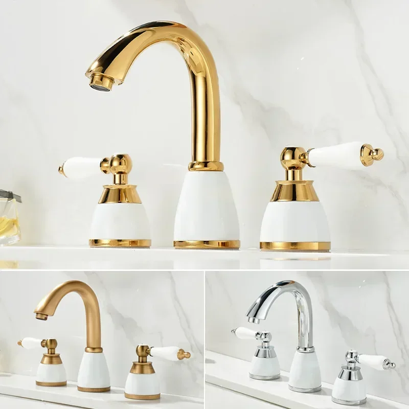 French washbasin hot and cold faucet washbasin bathroom cabinet toilet three holes gold split retro color
