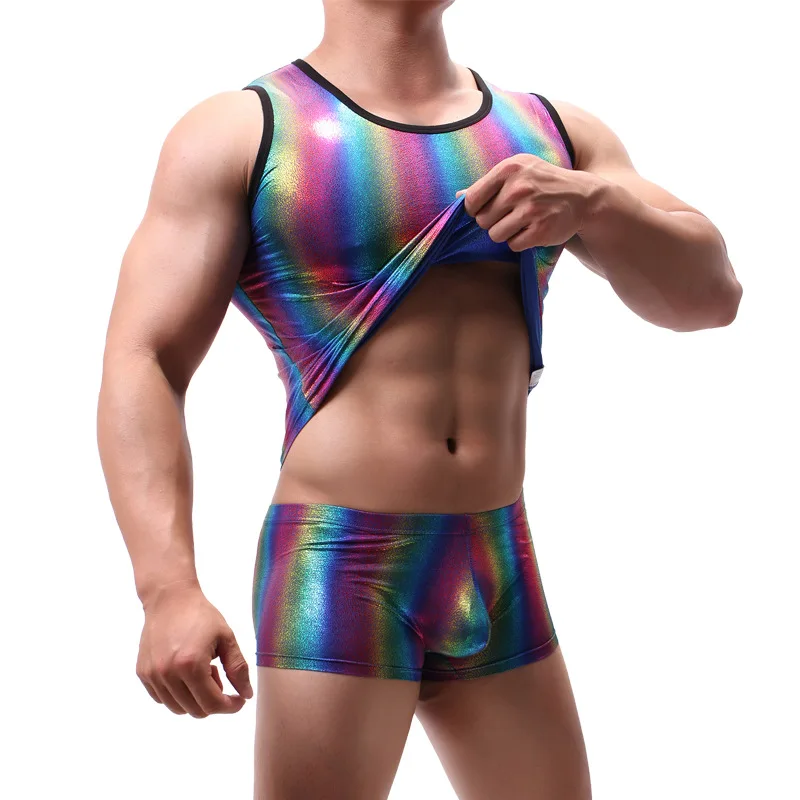 Mens Tank Top Rainbow Personalized Casual High Elastic Gymnastics Round Neck Underwear Male Bodybuilding Tops