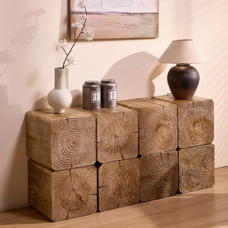 B & B Wooden Dunzi Hotel Stump Base Ornament Retro Solid Wood Entrance Living Room Combination Coffee Table Stump Flower Stand