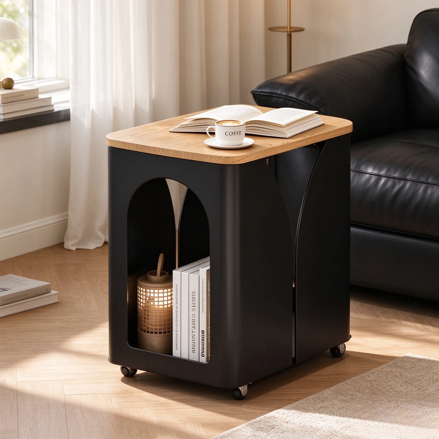 Solid Wood Rolling Coffee Table, Mobile Nightstand Serving Trolley with Storage Shelf for Bedroom, Living Room and Apartment