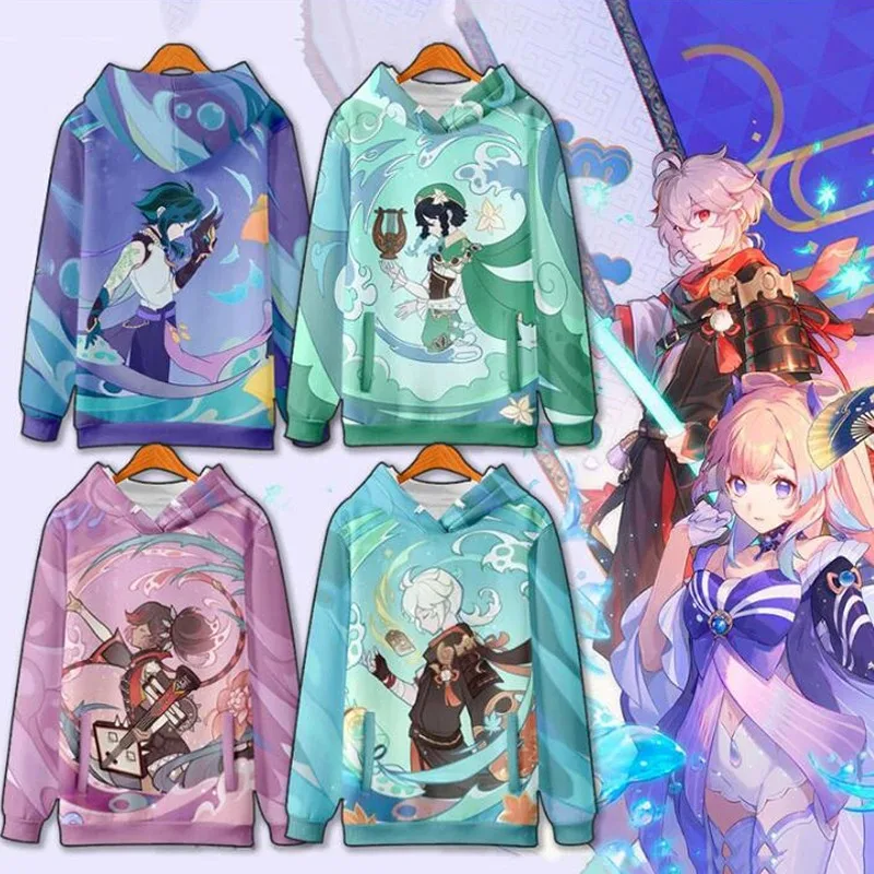 Jogo animationgenshin impacto hoodie venti xiao kaedehara kazuha oversized casual gráfico estético camiseta hip hop 2024