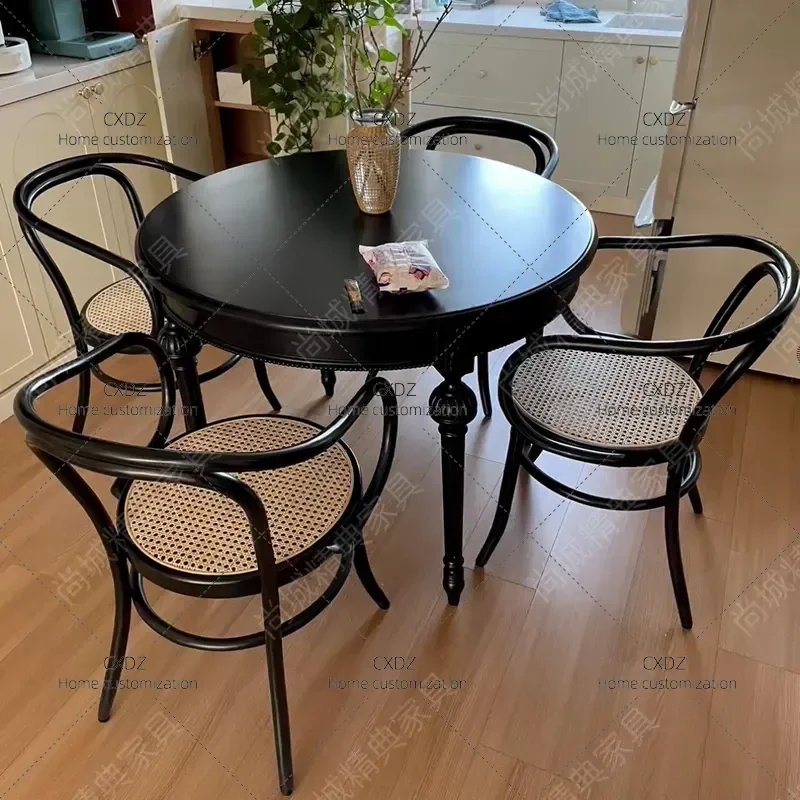 Retro Solid Wood Black Round Dining Table and Chairs Set for Small Apartment Nordic Style Simple Light Luxury Leisure
