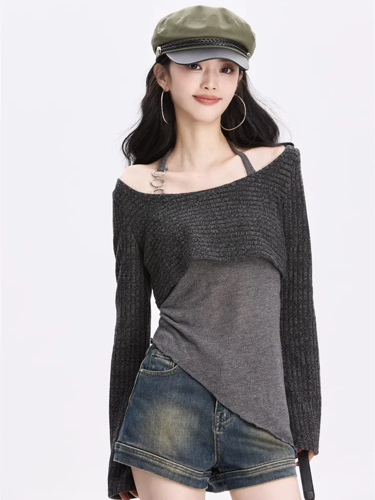 Sexy Slim Fit Irregular Bottoming Camisole Vest+ Long Sleeve Loose All-match Knitted Tops Women 2024 New Two Piece Sets