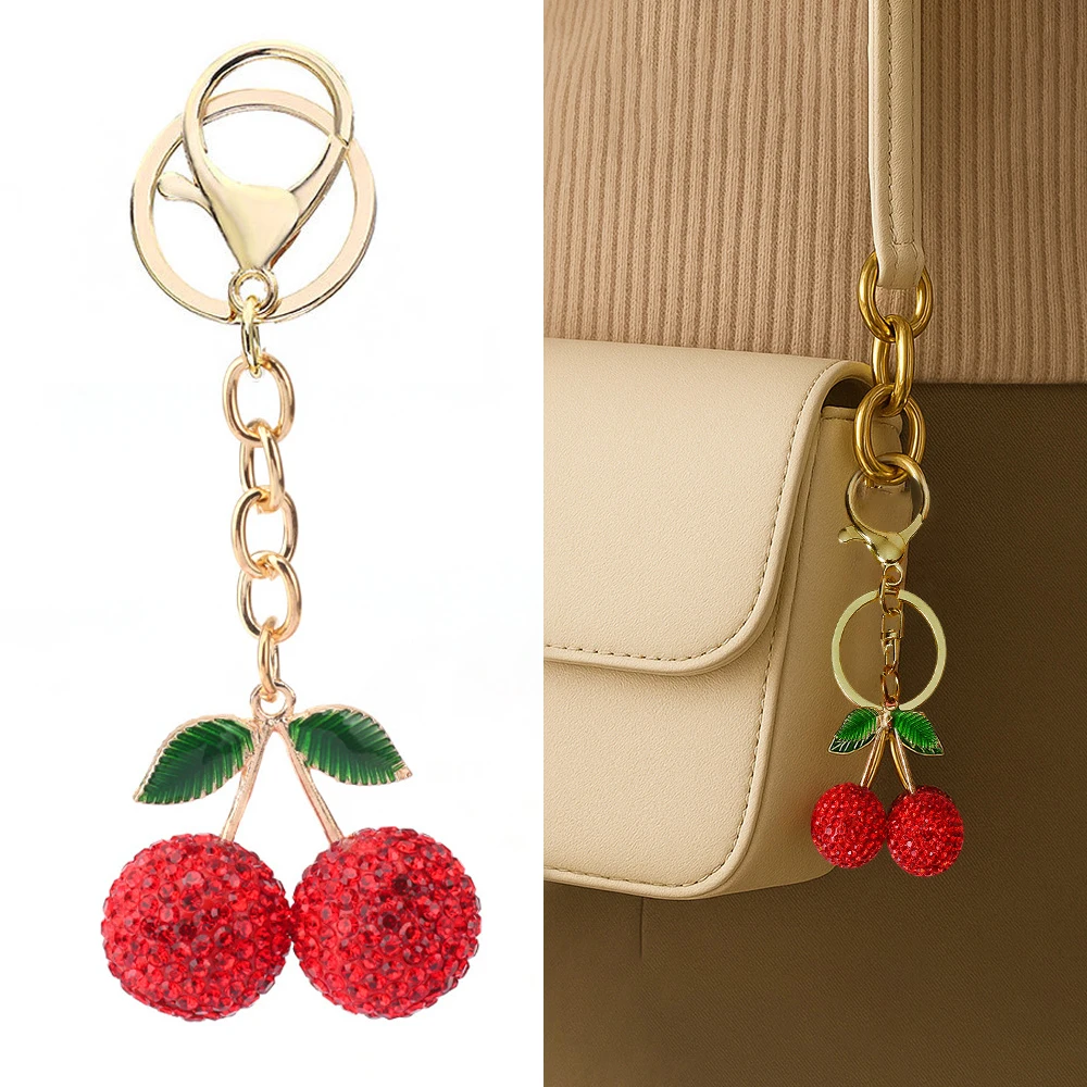 1 Pcs Fashion Alloy Rhinestone Simulation Cherry Pendant Keychain Personalized Charm Backpack Car Pendant Girl's Gift