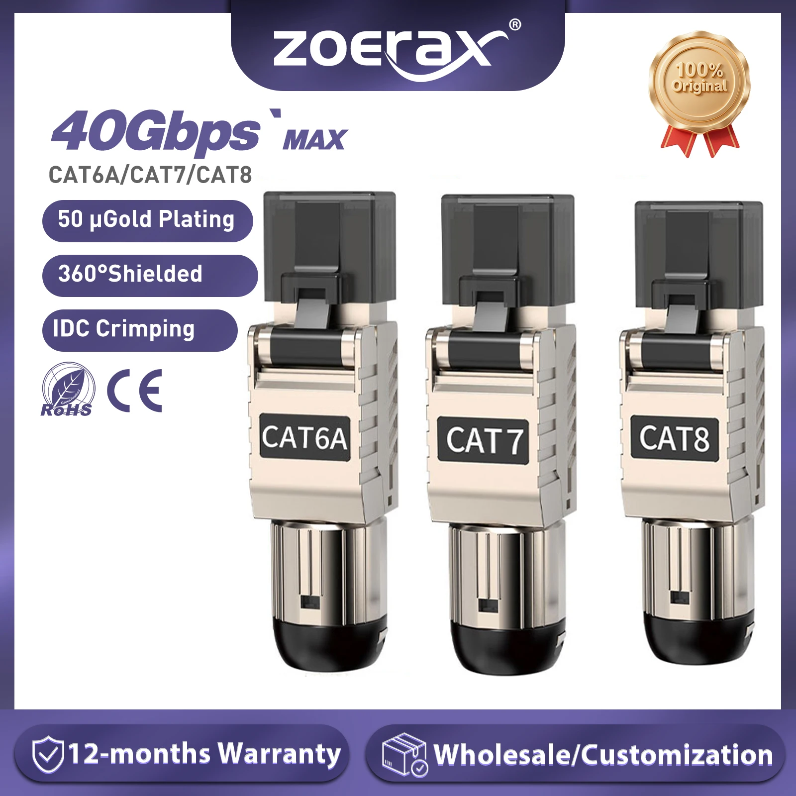 

ZoeRax RJ45 Connectors Tool Free Cat8 CAT7 CAT6A, Cat 8 Field Termination Plug Shielded RJ45 Modular Plugs for 2000MHz 40G