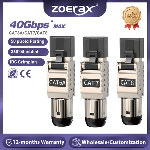 ZoeRax Conectores RJ45 Herramienta gratuita Cat8 CAT7 CAT6A, Cat 8 Enchufe de terminación de campo Enchufes modulares RJ45 blindados para 2000MHz 40G