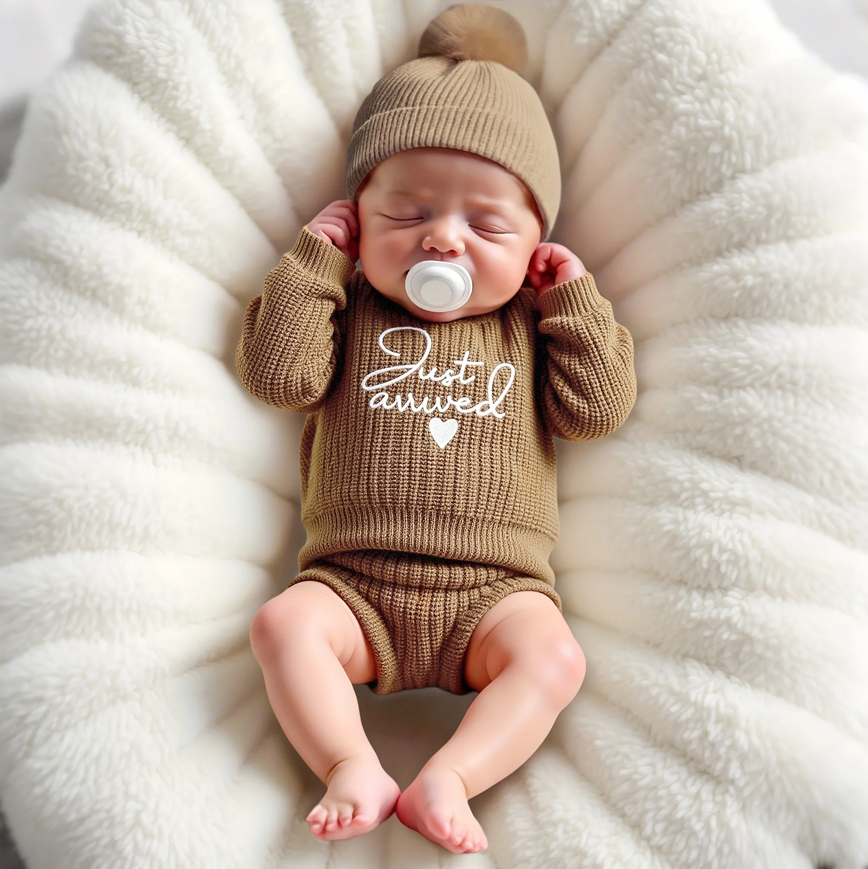 3pcs Set Knitted Newborn Boy Girl Photography Outfits with Matching Pom Hat Baby Diaper Cover Embroidery Hello World Knitting