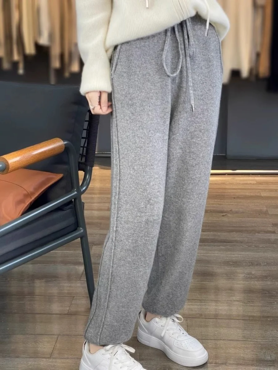 High Waist Cashmere Knitted Slim Fit Pants Women's Casual Elastic Waist Cord Straight Leg Wool Slimming Bottoming Pants