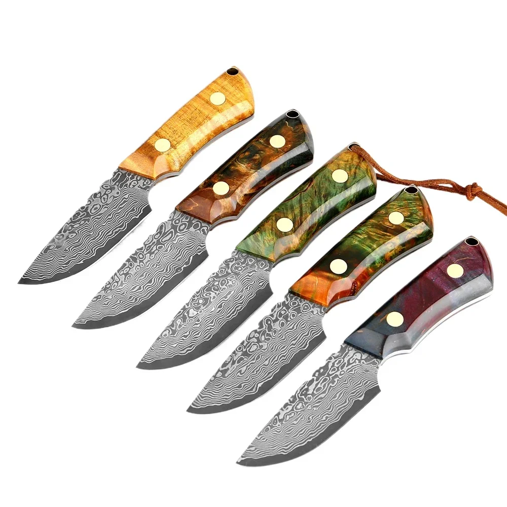 

Damascus Steel High Hardness Small Fixed Blade Knife Stabilized Wood Handle Survival Camping Tool Straight Knifes With Case