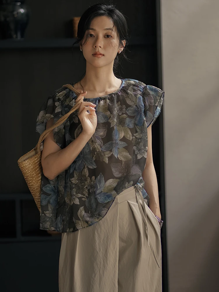 

Корейская свободная женская летняя блузка с цветочным принтом, новая модель, с круглым вырезом, дышащая, удобная, с коротким рукавом