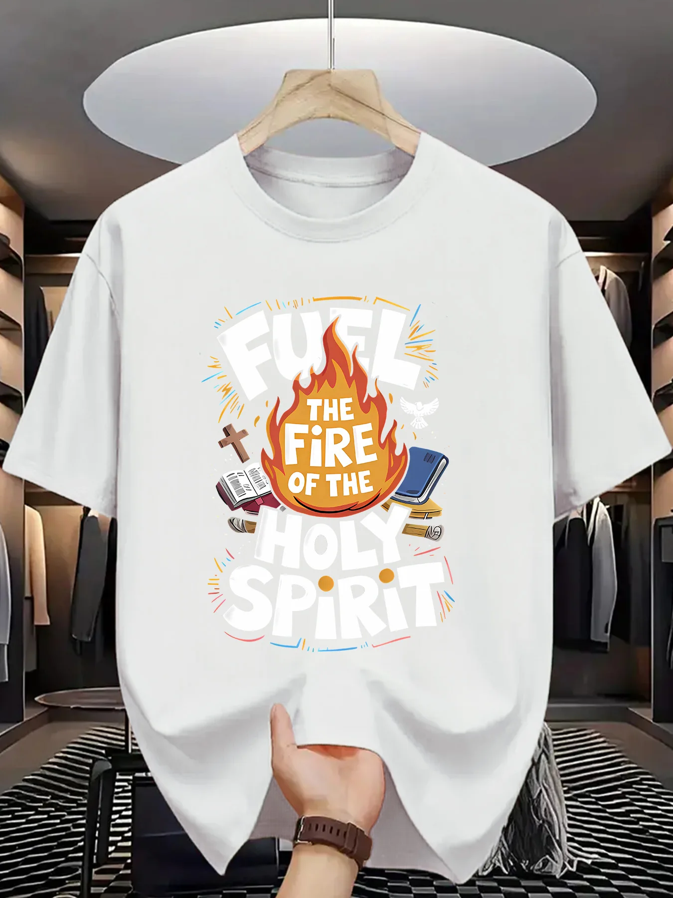 Fuel The Fire Of The Holy Spirit Mens Crew Neck T Shirt Faith Flame Cross Graphic Short Sleeve Tee Casual Male Street Tops