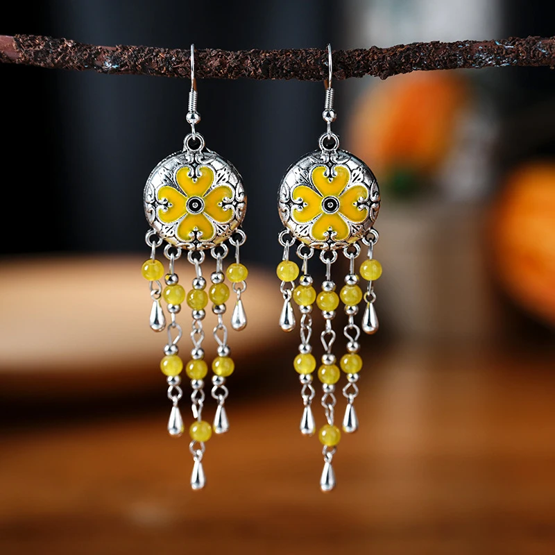 Vintage Ethnic Style Metal Tassel Water Drop Earrings for Women Round Drop Glaze Crystal Beads Handmade Earring Female Jewelry