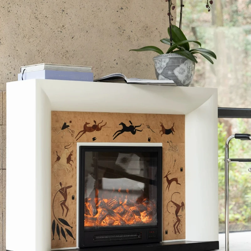 Simulation fire fireplace solid wood storage table art with heating bluetooth speaker