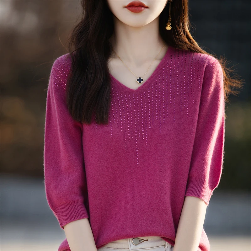 2025 100% Merino Wool Knitted Short Sleeved Sweater One Line V-neck Wool Sweater Slim Fit Basic Top Korean Fashion Clothing