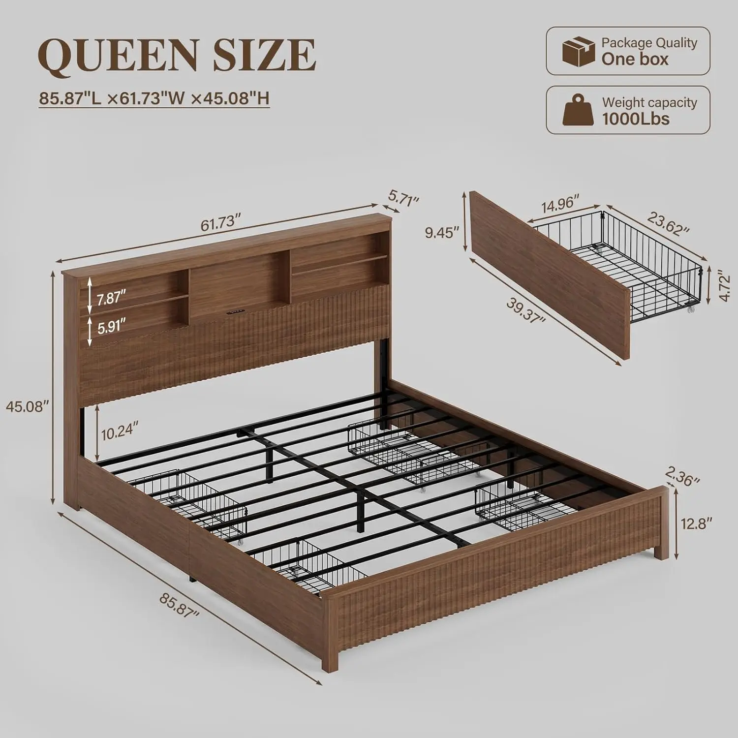 Queen Size Bed Frame and Tall Headboard & Storage, Metal Platform Bed Frame with 4 Storage Drawers, Queen Bed Frame, Customized - view 2