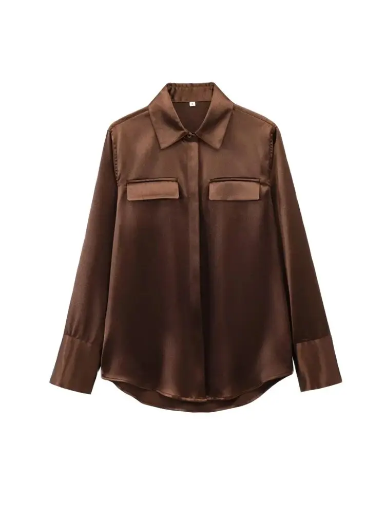 Satin Shirts with Pockets for Women, Long Sleeve, Button-up, Female Blouses, Chic Tops, Fashion