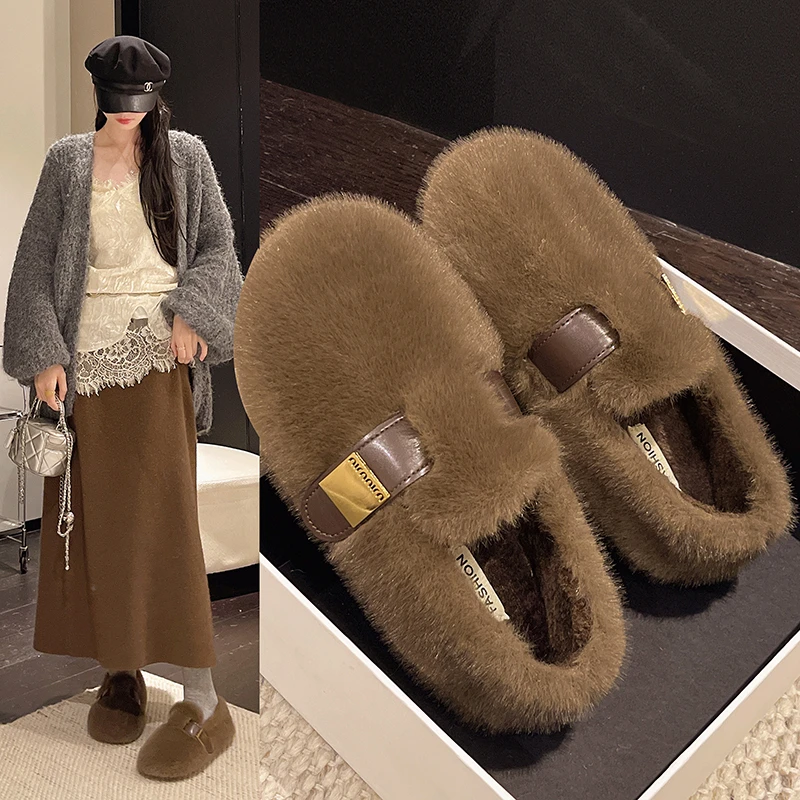 Women Slip-on Female Footwear Loafers Mujer Fur Sneaker Modis Mary Jane Shoes Warm Plush Round Toe Wool Ballet Flats Ladies