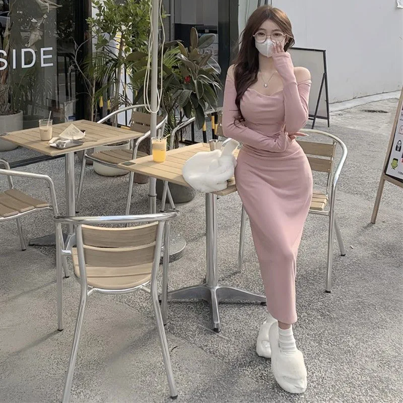 2024 Women Fashion Solid Color Square Neck Halter Dress Hot Sale Lady Sweet Spicy Off Shoulder Waist Cinching Long Sleeves Dress