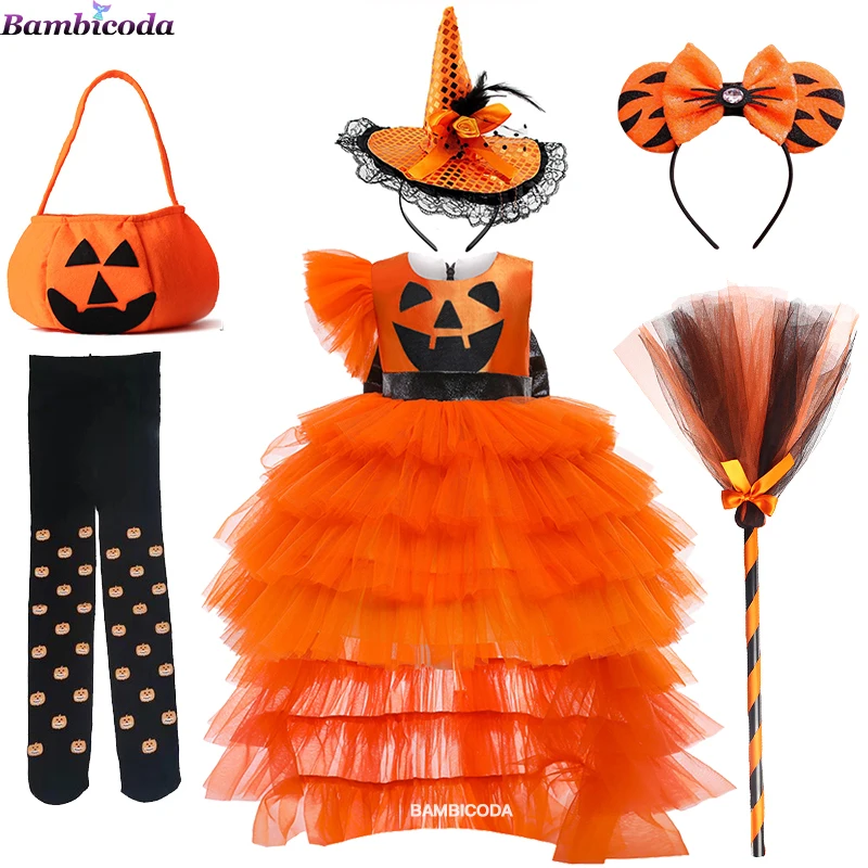 Halloween Child Black Vampire Costume Carnival Party Girls Orange Pumpkin Witch Dress Up Toddler Infant Witch Dress Clothing Set