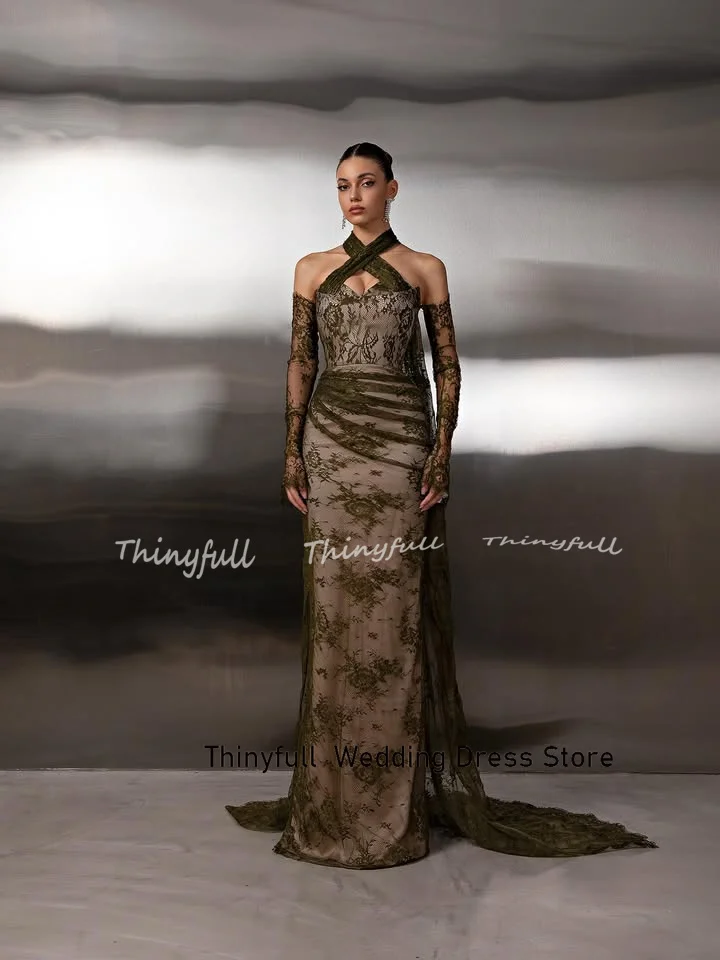 Thinyfull Mermaid Arab Lace Prom Dresses Halter Detachable Sleeves Evening Gown Long Formal Dress robes de soirée Customized