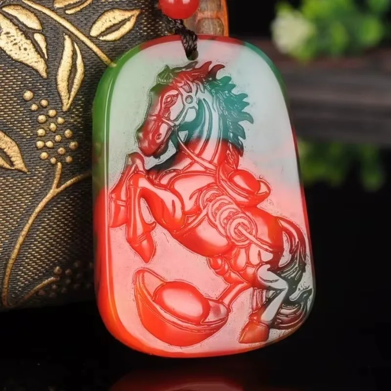 

Natural Color Jade Hand Carved Zodiac Horse Pendant Fashion Boutique Jewelry Men's and Women's Colorful Zhaocai Horse Necklace