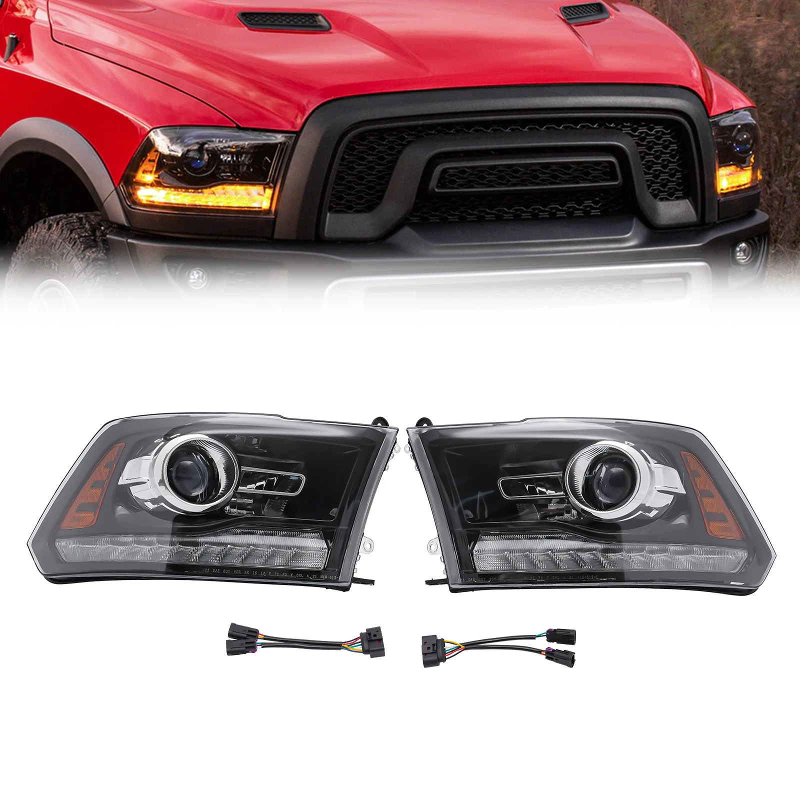 Halogen Projector Headlights, Car Headlamps Assembly with LED Side Marker Lamp, Left+Right Fit for 2013-2018 Ram 1500 2500 3500