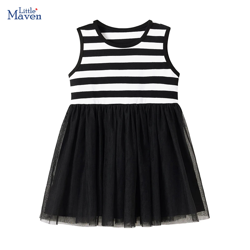 Little Maven Kinderkleidung Baby Mädchen 2026 Sommer Neue Prinzessin Cartoon Lässige Gestreifte Mesh-Kleider Kinderkleidung Geschenke