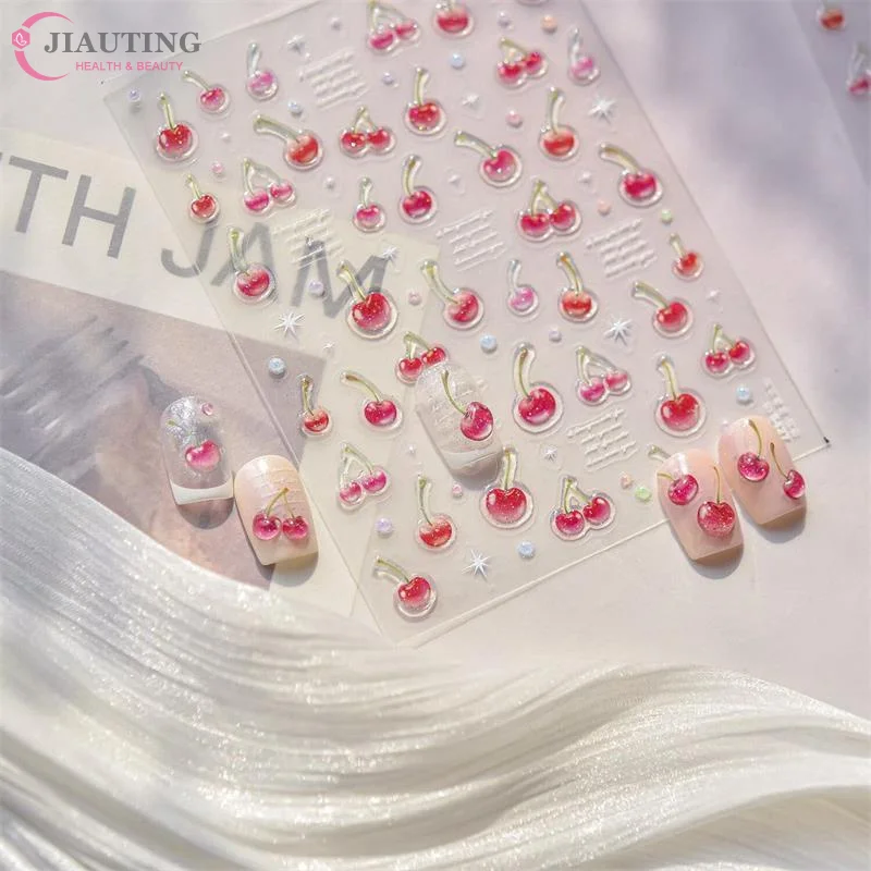 สติกเกอร์ติดเล็บลายเชอร์รี่สีแดงหวานๆ แบบนูน สำหรับสาวๆ ผู้หญิง สติกเกอร์ติดเล็บแบบลอกติดเอง ของขวัญตกแต่งเล็บสำหรับปีใหม่และคริสต์มาส