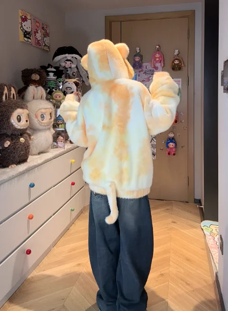 เสื้อแจ็คเก็ตมีฮู้ดปักลายแมวน้อยน่ารัก สีเหลืองอ่อน สำหรับผู้หญิง ผ้าฟลัฟฟี่ไล่เฉดสีเทา สไตล์ลำลองหลวมๆ สำหรับฤดูใบไม้ร่วง