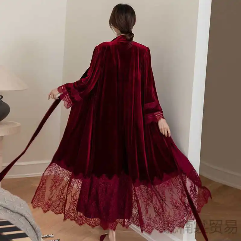 Long Sleeve V Neck Solid Color 2Pcs Robe Solid Velvet Sleep Suit Home Dress Wine Red Sexy Split Fork Lace Cardigan Sling