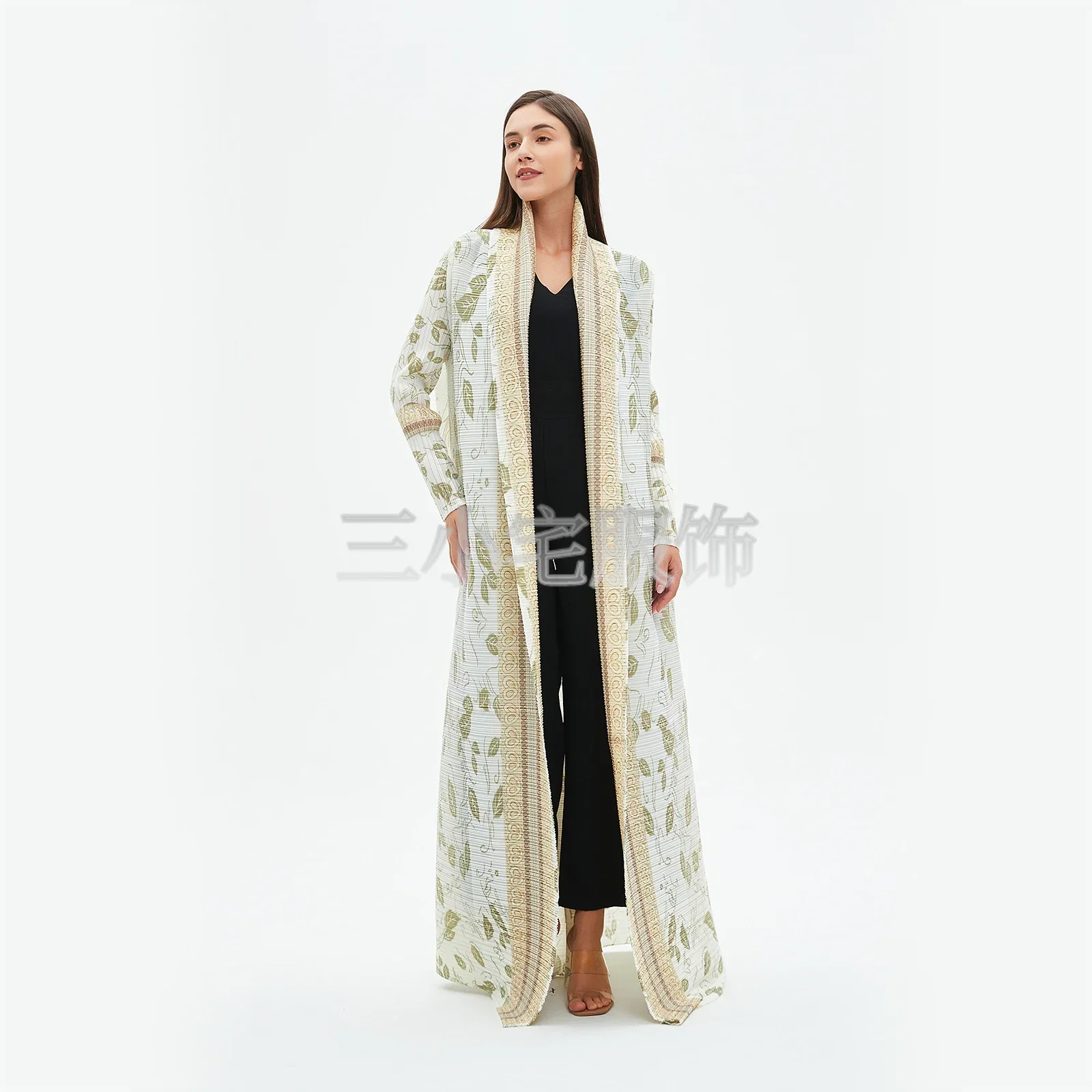 Robe imprimée plissée à manches longues pour femme, coupe-vent, abayas de créateur originales, col rabattu, combinaison ceinturée, hiver, nouveau, 2024