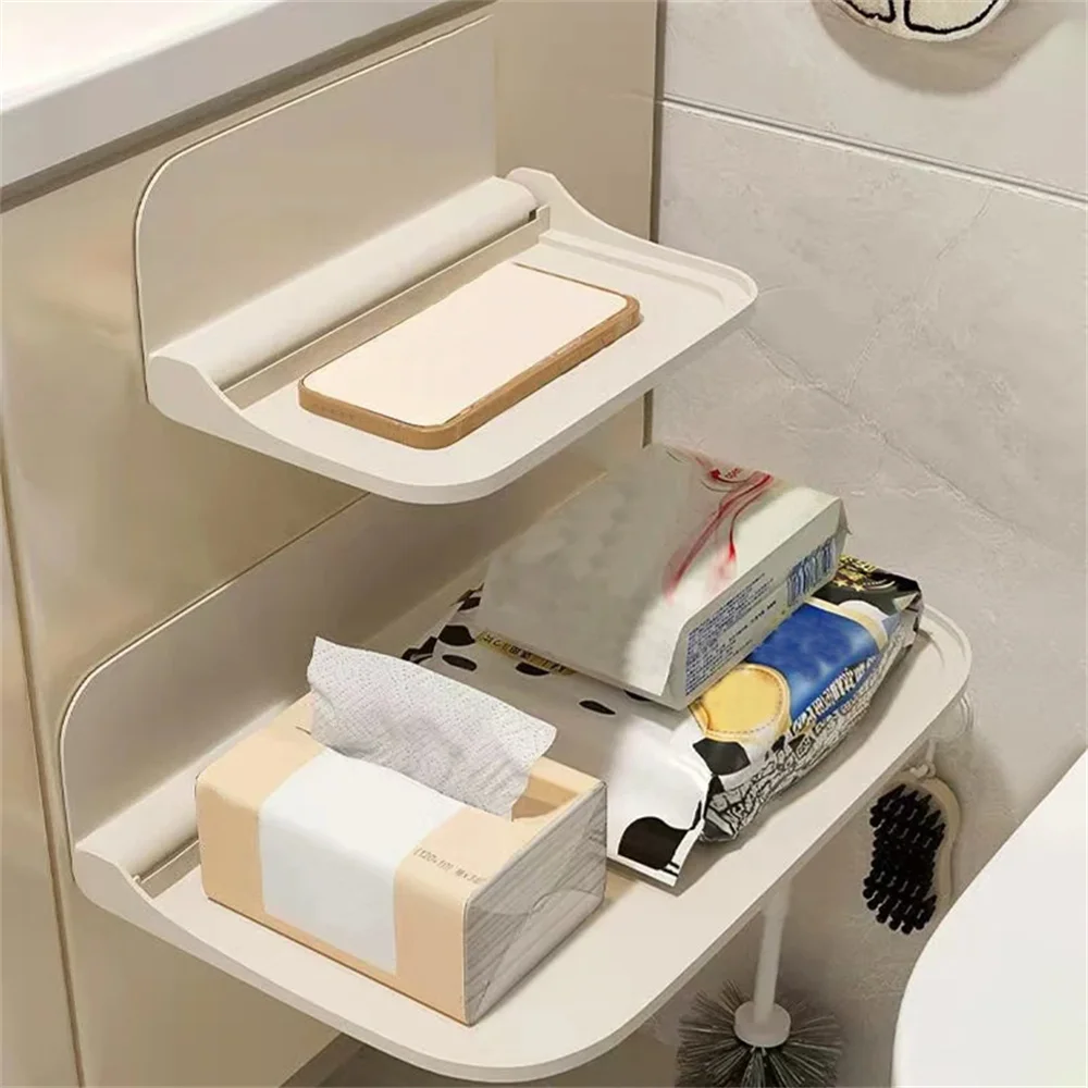 1Pc Foldableable Wall Non-Porous Wall-Mounted Plastic Floating Rack Home Bathroom Toilet Towel Clothing Storage Rack Folda image 5