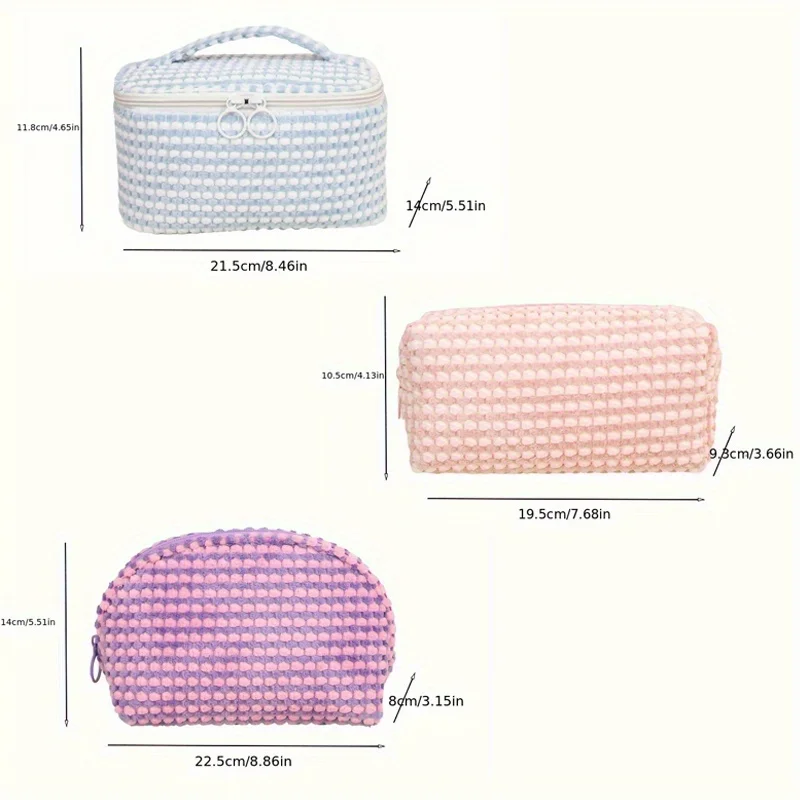 3pcs/Set Makeup Bag Solid Color Flower Cosmetic Bag Zipper Large Soft Corduroy  Female Travel Make Up Case