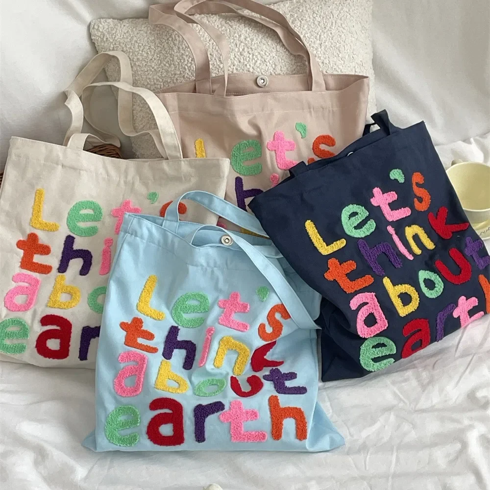 Colourful Letter Design Women\'s Shoulder Bag Simple Female Canvas Shopping Bags Large Capacity College Girls Book Tote Handbags