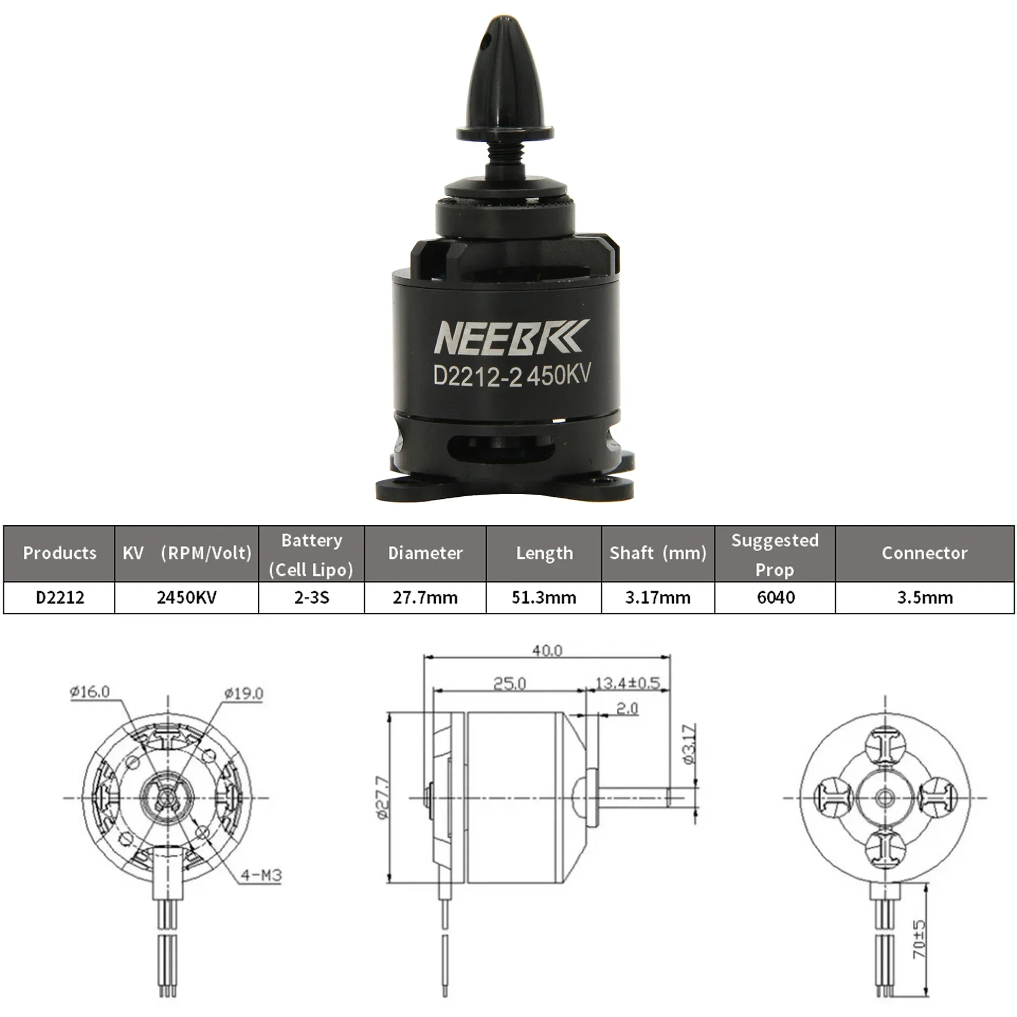 NEEBRC D2212 2450KV 2-3S moteur sans balais 20A ESC pour avion RC Drone de course FPV à voilure fixe avion Multicopter 6040 hélice