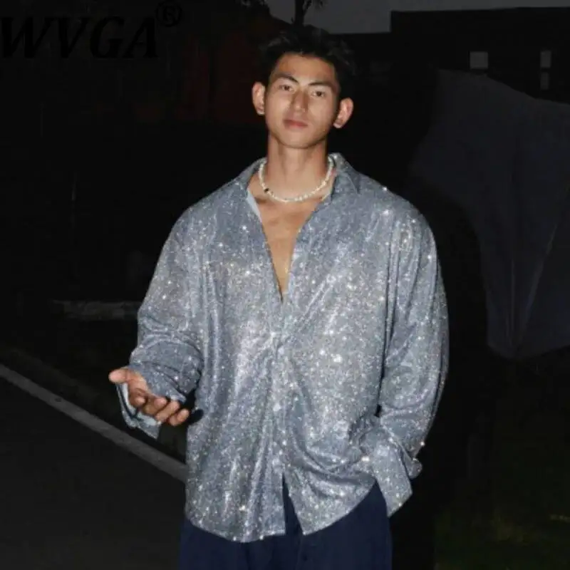 

WVGA Spring Autumn New Man Tide High Street High-End Shimmering Long Sleeve Shirt Niche Chic Casual Turn-Down Collar Tops W20524