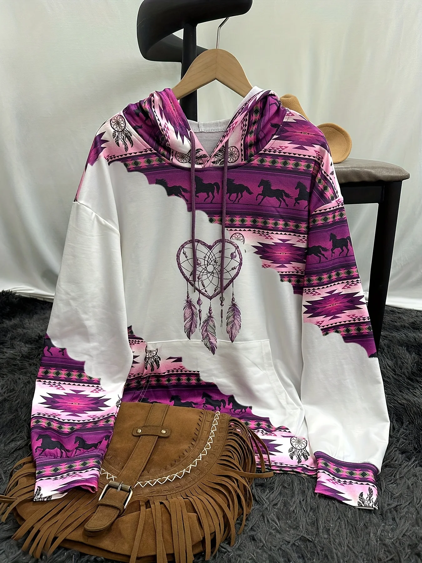 Women's casual fashion round neck pullover hoodie Western ethnic style retro print women's top hoodie