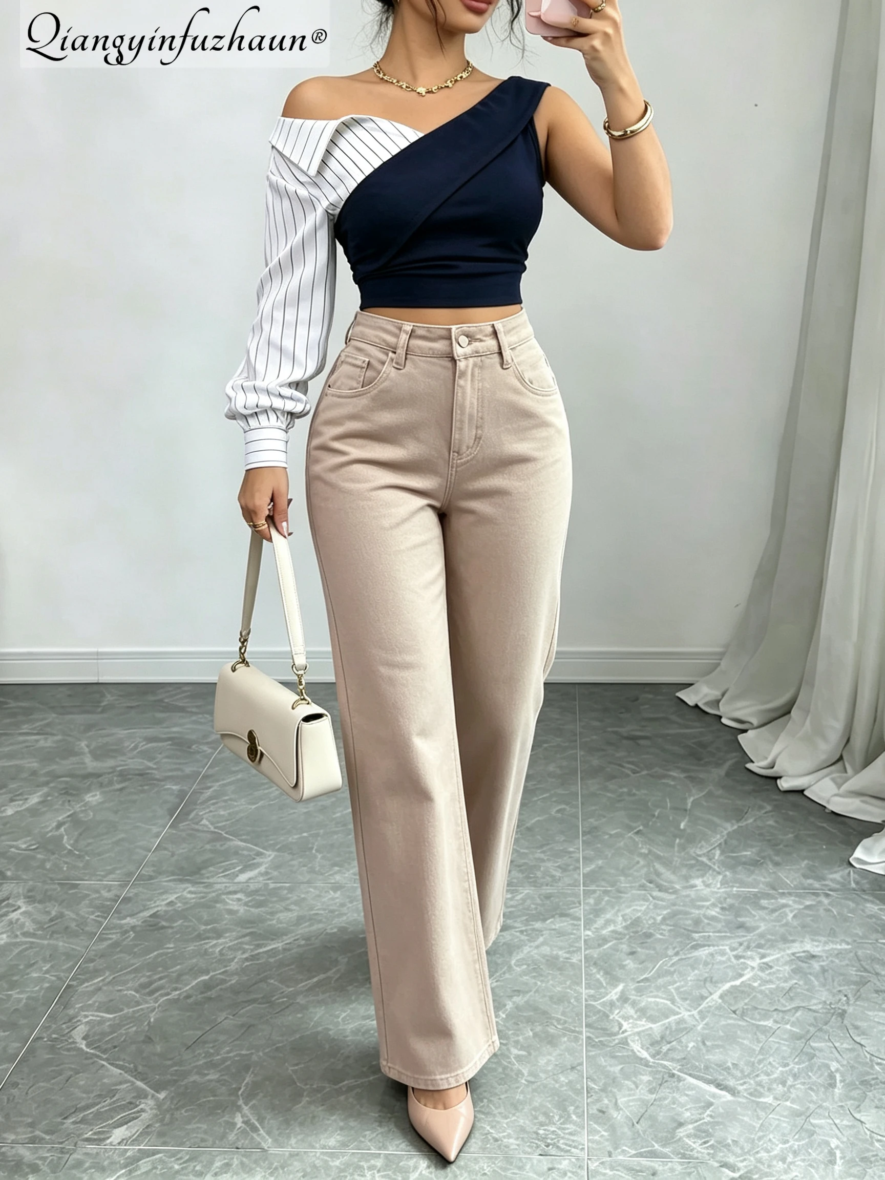 Khaki Washed Soft Denim High-Waisted Straight-Leg Loose-Fitting Slimming Casual Pants, New Style, Versatile and Easy to Wear.