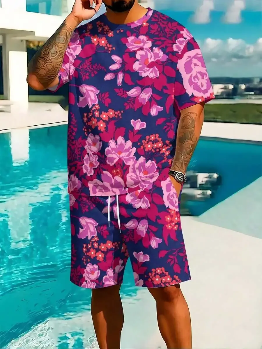 

Mens Matching Floral Two-Piece Set: Short Sleeve Top And Drawstring Shorts, Base With Vibrant Pink Bloom Print, Summer Casual