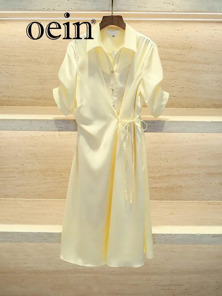 [oein] 2024 New French Style Design Sense Flip Collar Lace Up Waist Yellow Shirt Dress