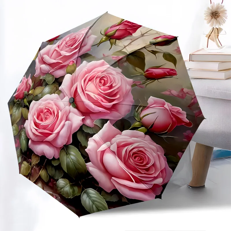 

Beautiful roses Umbrella Fashionable Auto-Open Design 8 Iron Ribs Plastic Handle Foldable Sunshade Perfect festival Gifts