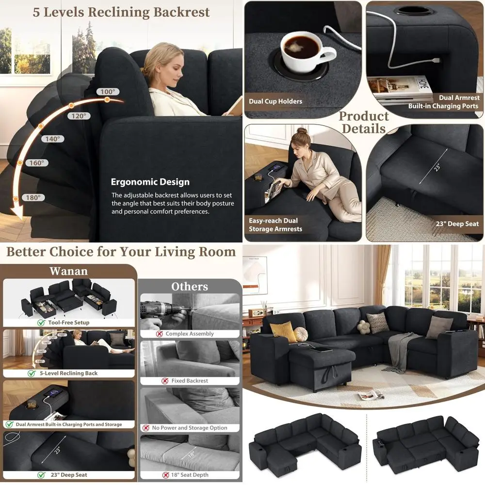 أريكة نوم على شكل حرف L مع سرير قابل للسحب، وأريكة سحابية ذات 6 مقاعد، ومنافذ تخزين ومنفذ USB، ومسند ظهر قابل للتعديل (صوف صديق للبيئة، رمادي)