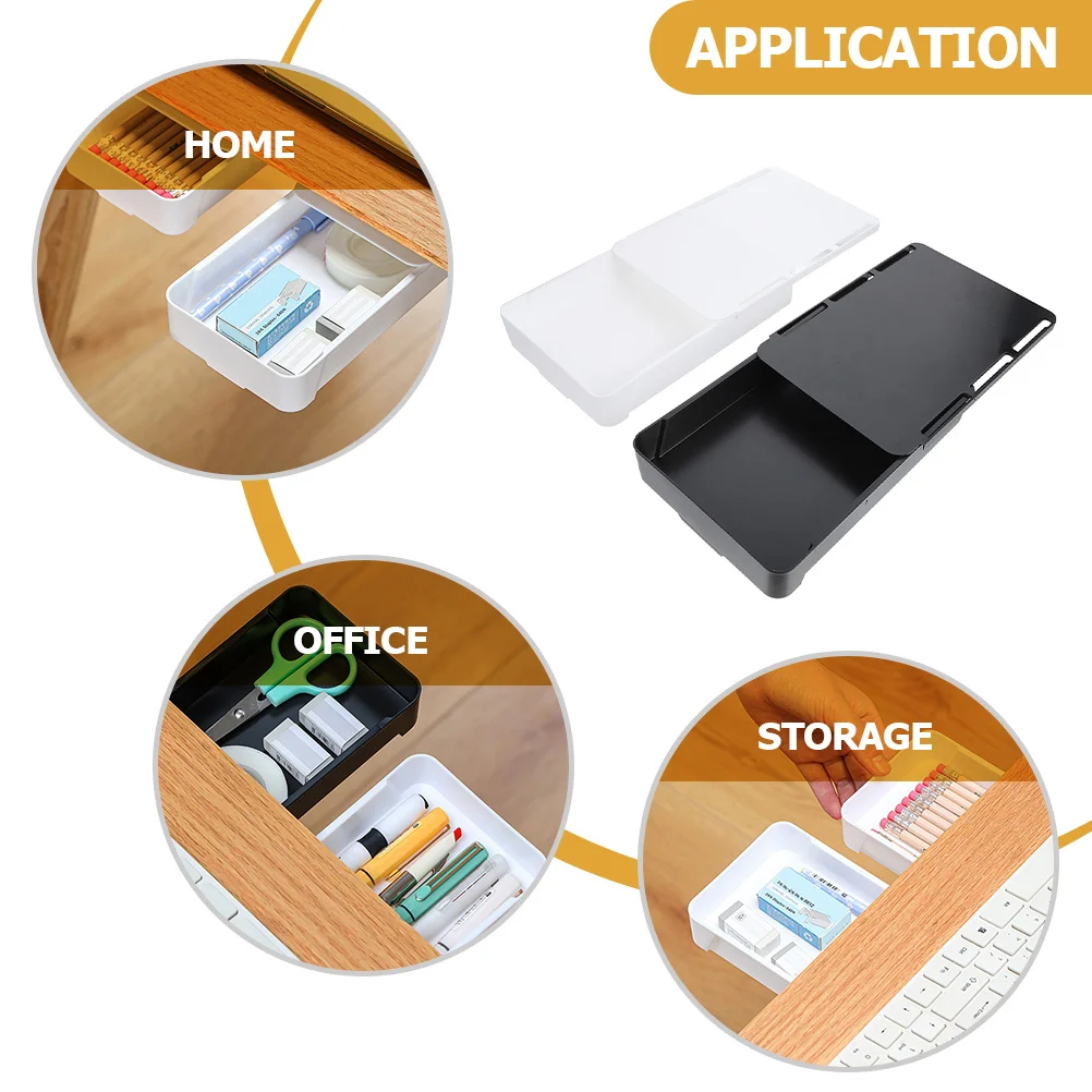 2Pcs Storage Box Premium Plastic Under Desk Drawer Hidden Slide Out Organizer for Office School Supplies Under Desk Drawer