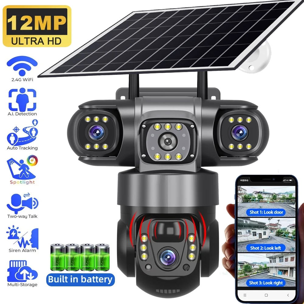 Telecamera wireless ad energia solare Video HD da 12 MP Rilevazione movimento PIR Visione notturna Design resistente alle intemperie App V380 Telecamere di sicurezza Wifi